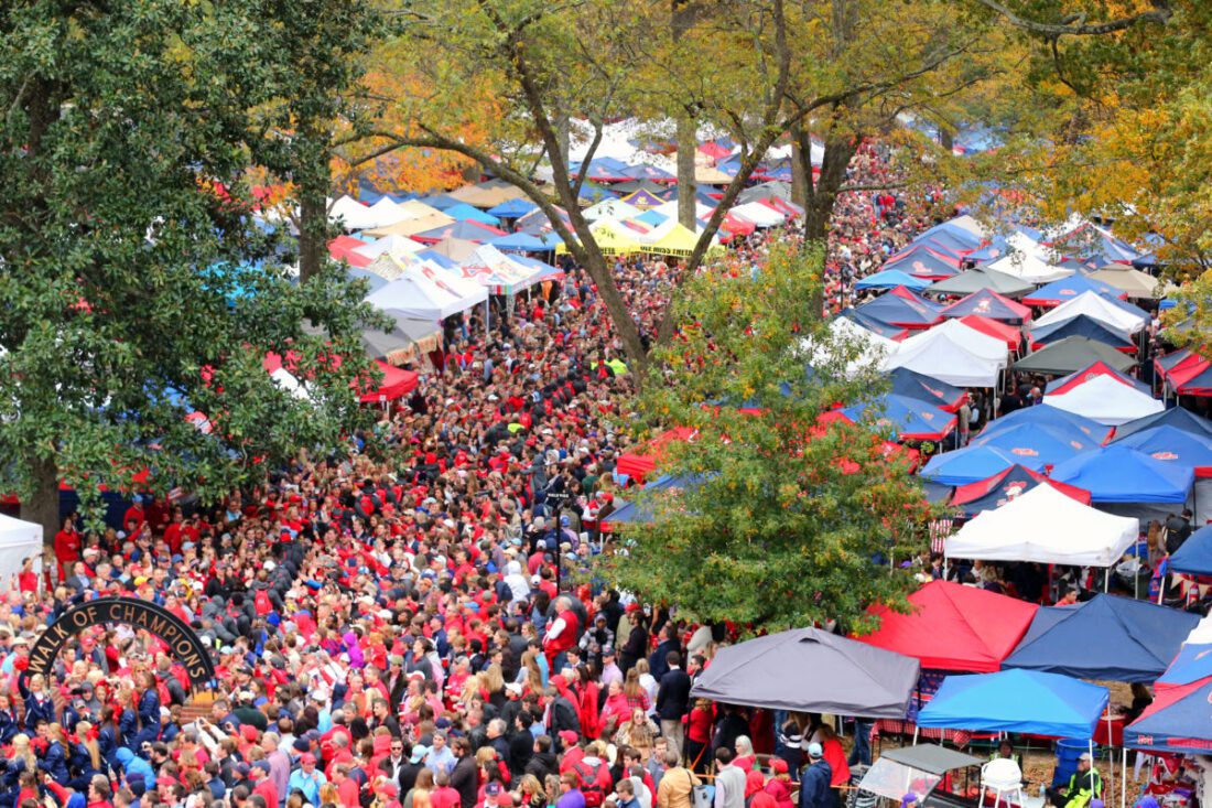 crowd of people in Grove at University of Mississippi. 