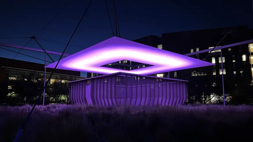 Building with purple LED